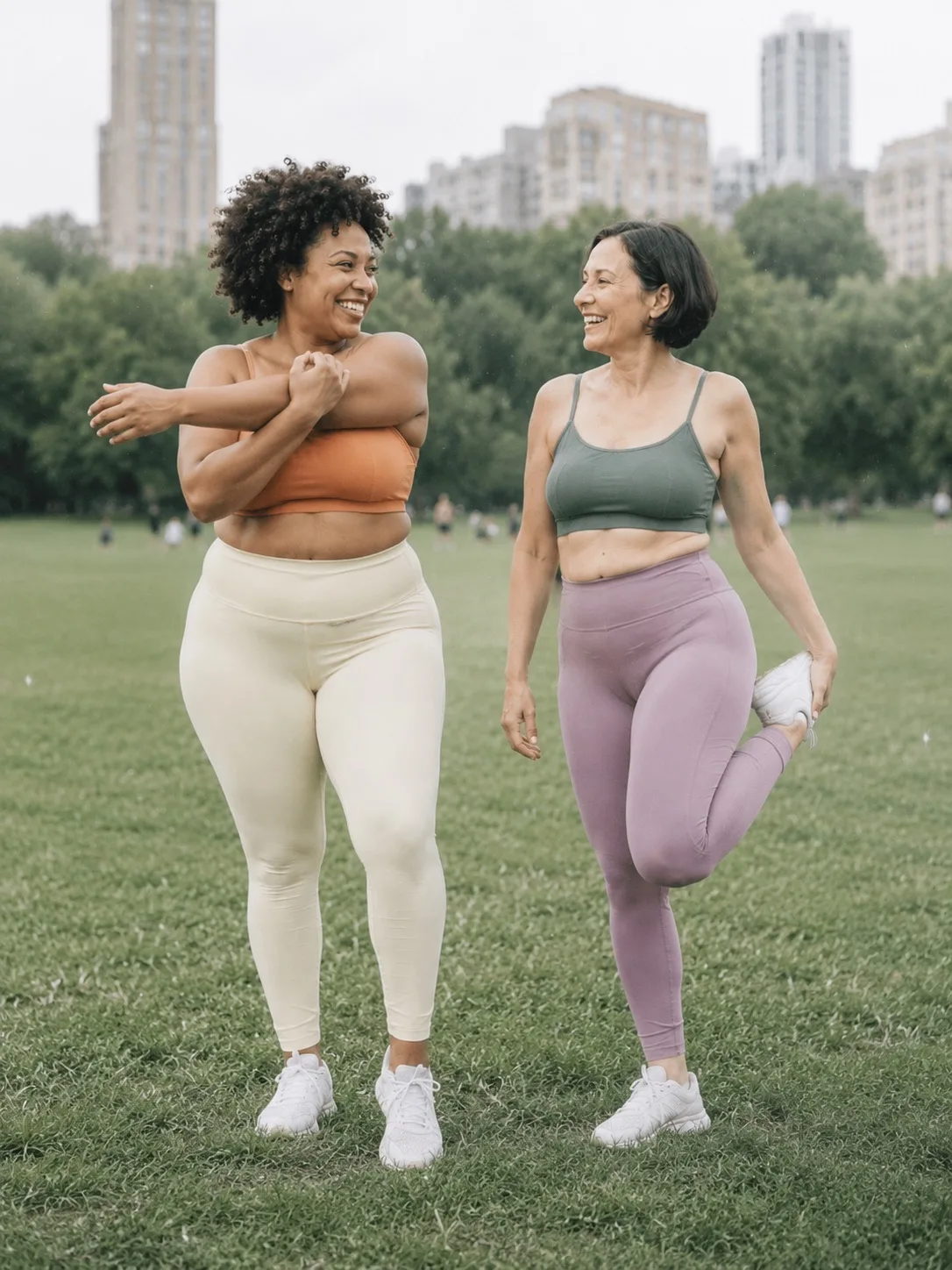 Two women smiling together while stretching outdoors in a city park